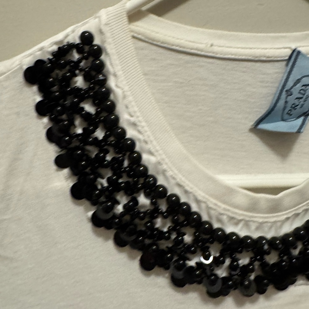 Prada Cream/White Tee with Black Beaded Collar - Picture 6 of 9